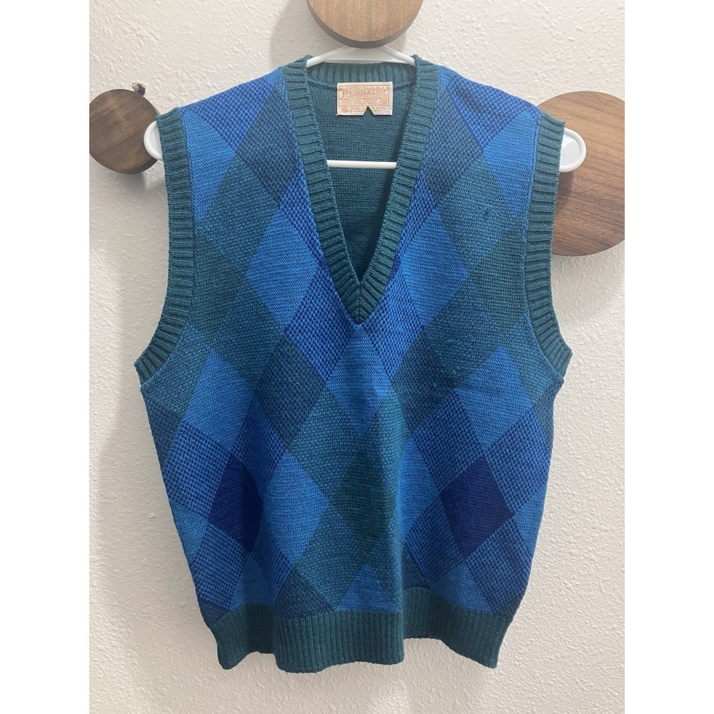 VTG Pendleton Wool Sweater Vest 80s Made In USA Size Small Teal Preppy Tennis